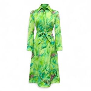 Vintage 70s Bayard Sport Green Floral Belted Midi Dress Button Front Size M